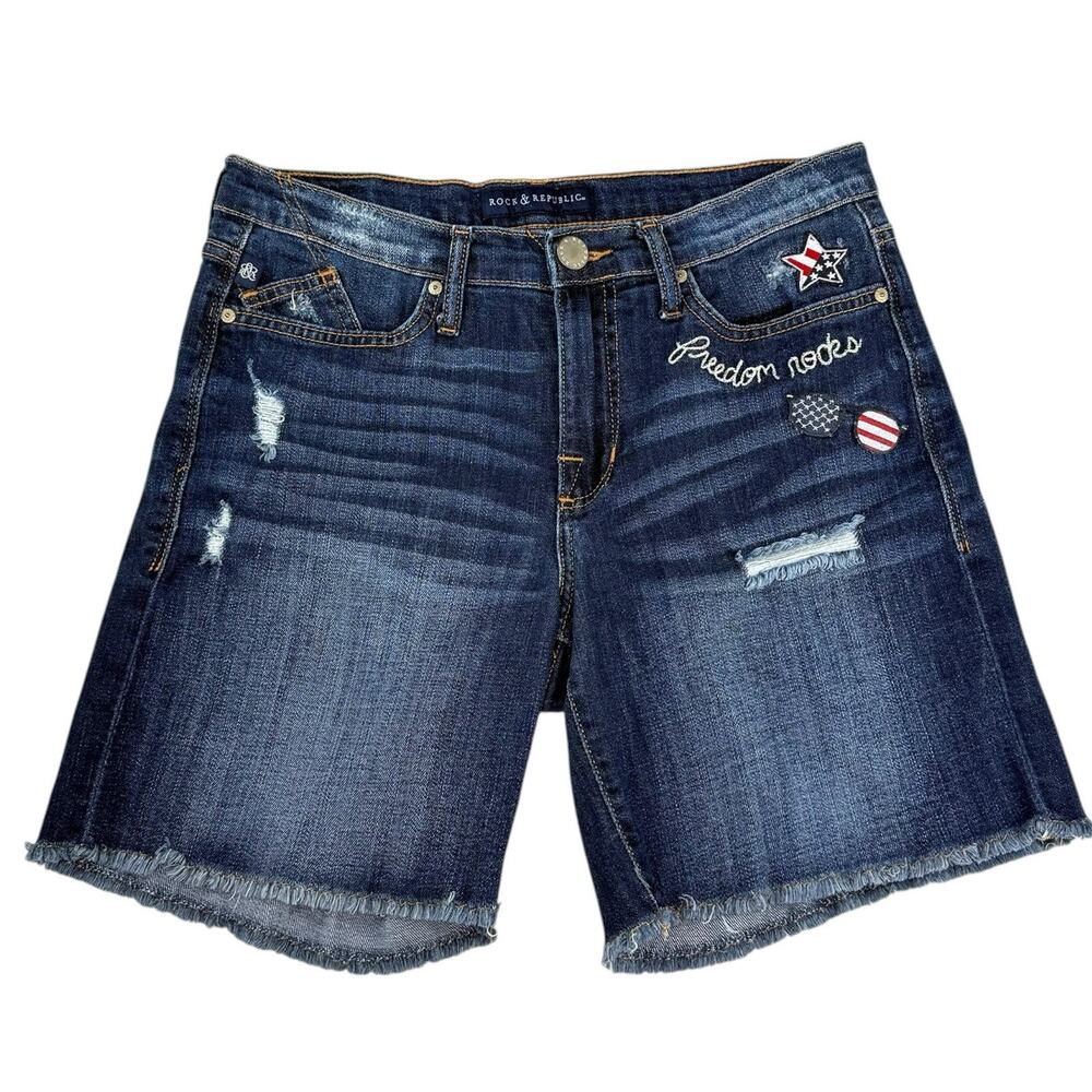 Patriotic Freedom Rocks Dark Denim Jean Cutoff Shorts USA July 4 Flag Sz 10 EUC